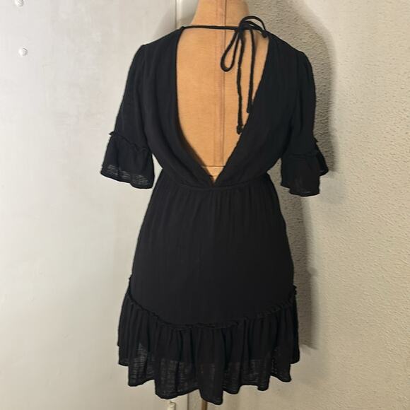 FAVLUX Black V-Neck Babydoll Mini Dress S Boho Costal Cowgirl Festival Indie LBD - Picture 2 of 11